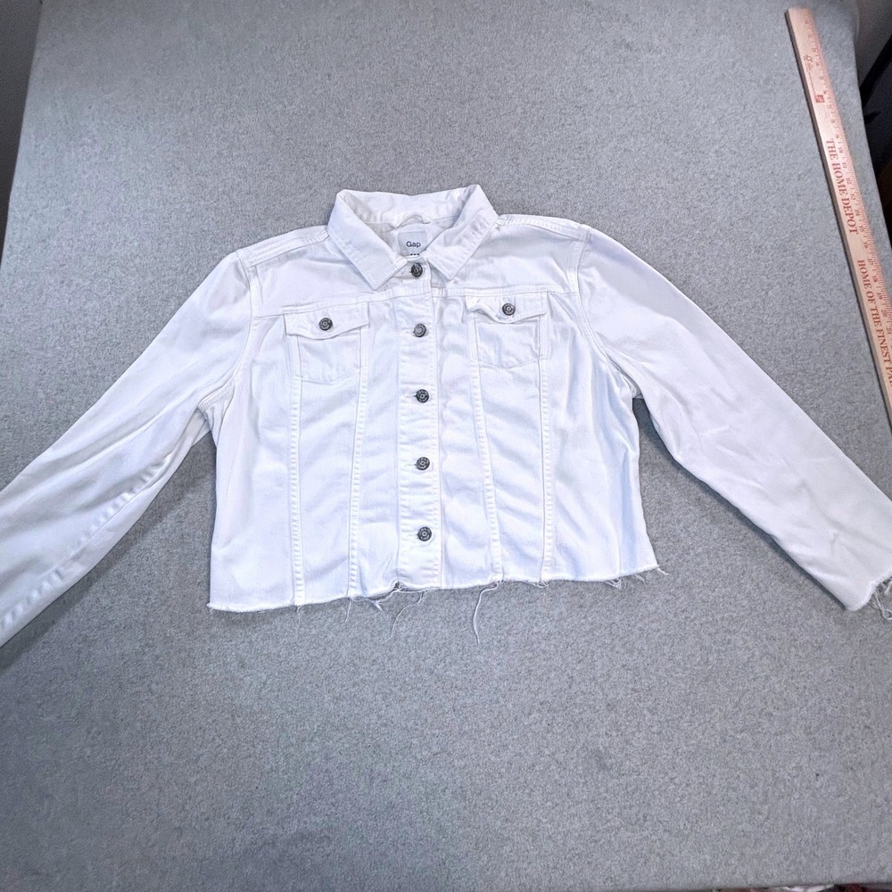 Gap Womens Cropped White Denim Jacket Size Large Raw Hem‎ Jean Jacket Trendy
